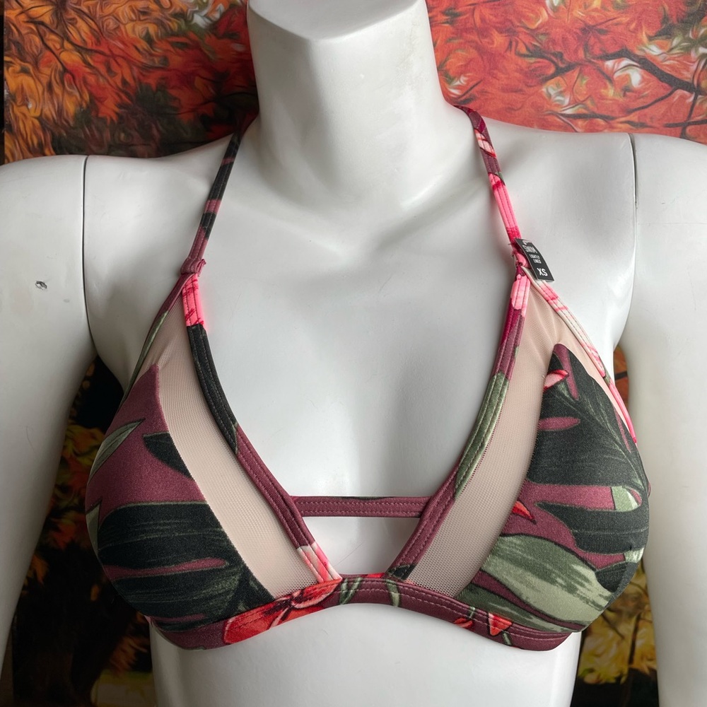PINK Victoria's Secret Tropical Floral Triangle Bikini Top in Pink and Green